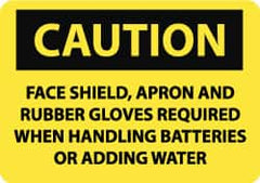 NMC - "Caution - Face Shield and Rubber Gloves Required When Handling Batteries or Adding Water", 7" Long x 10" Wide, Rigid Plastic Safety Sign - Rectangle, 0.05" Thick, Use for Accident Prevention - Caliber Tooling