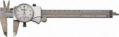 Mitutoyo - 0" to 6" Range, 0.001" Graduation, 0.1" per Revolution, Dial Caliper - White Face, 1-9/16" Jaw Length, Accurate to 0.0010" - Caliber Tooling