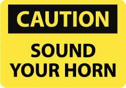 NMC - "Caution - Sound Your Horn", 7" Long x 10" Wide, Pressure-Sensitive Vinyl Safety Sign - Rectangle, 0.004" Thick, Use for Accident Prevention - Caliber Tooling