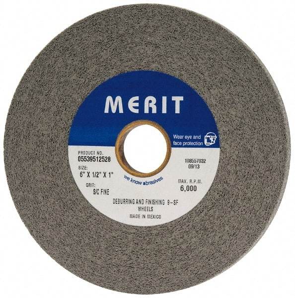 Merit Abrasives - 6" Diam, 1/2" Face Width, 1" Center Hole, Fine Grade, Silicon Carbide Deburring Wheel - Convolute, Hard Density 9 Grade, 6,000 RPM - Caliber Tooling