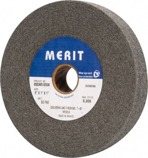 Merit Abrasives - 6" Diam, 1" Face Width, 1" Center Hole, Fine Grade, Silicon Carbide Deburring Wheel - Convolute, Hard Density 7 Grade, 6,000 RPM - Caliber Tooling