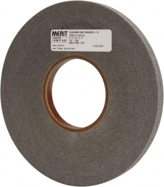 Merit Abrasives - 8" Diam, 1/2" Face Width, 3" Center Hole, Fine Grade, Silicon Carbide Deburring Wheel - Convolute, Hard Density 9 Grade, 4,500 RPM - Caliber Tooling