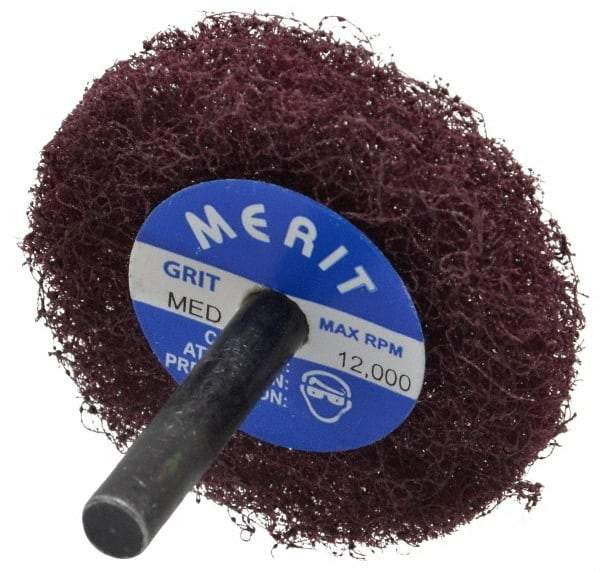 Merit Abrasives - 2" Diam, Medium Mounted Scrubber Buffing Wheel - 1 Ply, Medium Grade, 1/4" Shank Diam, 12,000 RPM - Caliber Tooling