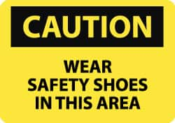 NMC - "Caution - Wear Safety Shoes in This Area", 7" Long x 10" Wide, Pressure-Sensitive Vinyl Safety Sign - Rectangle, 0.004" Thick, Use for Accident Prevention - Caliber Tooling