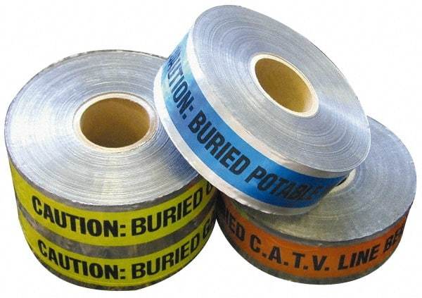 NMC - Caution: Buried Irrigation Line Below, Detectable Underground Tape - 1,000 Ft. Long x 2 Inch Wide Roll, Polyethylene on Aluminum, 5 mil Thick, Blue - Caliber Tooling