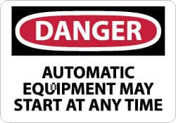 NMC - "Danger - Automatic Equipment May Start at Anytime", 7" Long x 10" Wide, Pressure-Sensitive Vinyl Safety Sign - Rectangle, 0.004" Thick, Use for Accident Prevention - Caliber Tooling