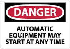 NMC - "Danger - Automatic Equipment May Start at Anytime", 10" Long x 14" Wide, Pressure-Sensitive Vinyl Safety Sign - Rectangle, 0.004" Thick, Use for Accident Prevention - Caliber Tooling