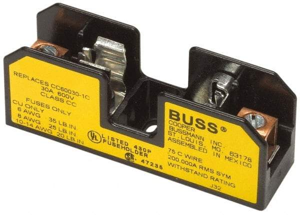 Cooper Bussmann - 1 Pole, 10 to 14 AWG, 480 VAC/VDC, 30 Amp, DIN Rail Mount Fuse Block - 3 Inch Long x 0.86 Inch Wide x 1.22 Inch High Block - Caliber Tooling