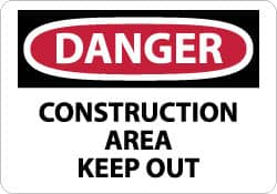 NMC - "Danger - Construction Area - Keep Out", 10" Long x 14" Wide, Pressure-Sensitive Vinyl Safety Sign - Rectangle, 0.004" Thick, Use for Security & Admittance - Caliber Tooling