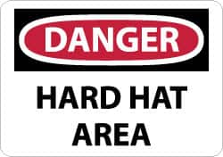 NMC - "Danger - Hard Hat Area", 7" Long x 10" Wide, Pressure-Sensitive Vinyl Safety Sign - Rectangle, 0.004" Thick, Use for Accident Prevention - Caliber Tooling