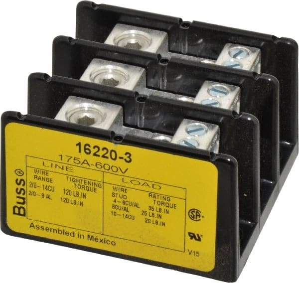 Cooper Bussmann - 3 Poles, 175 Amp, 8-2/0 AWG (Al), 14-2/0 AWG (Cu) Primary, 4-14 AWG (Cu), 4-8 AWG (Al) Secondary, Thermoplastic Power Distribution Block - 600 VAC/VDC, 1 Primary Connection, 5.2 Inch Long x 3.32 Inch Deep x 4 Inch High - Caliber Tooling