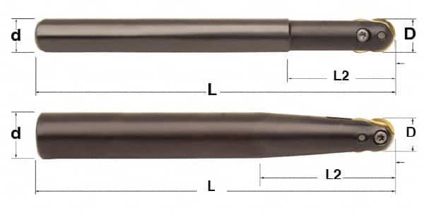 Minicut International - 3/4" Cut Diam, 0.512" Max Depth of Cut, 1" Shank Diam, 9.437" OAL, Indexable Ball Nose End Mill - 3" Head Length, Straight Shank, BNMI Toolholder, BNSI 0750 Insert - Caliber Tooling