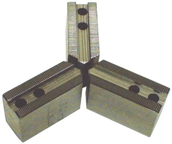 H & R Manufacturing - 6" Max Chuck Capacity, 1.5mm x 60° Serrated Interface, Square Soft Lathe Chuck Jaw - 3 Jaw, Steel, 0.969" Btw Mount Hole Ctrs, 3.125" Long, 1" Wide, 2" High, 8mm Fastener - Caliber Tooling