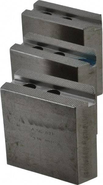 H & R Manufacturing - 1.5mm x 60° Serrated Attachment, Square Soft Lathe Chuck Jaw - 3 Jaws, Steel, 1" Btw Mount Hole Ctrs, 3-1/2" Long x 1-1/2" Wide x 3-1/2" High, 0.551" Groove, 12mm Fastener - Caliber Tooling