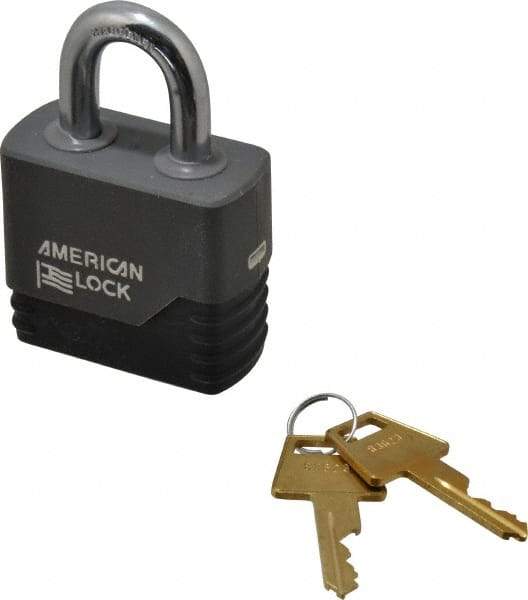 American Lock - 1-1/8" Shackle Clearance, Keyed Different Padlock with Weather Cover - 3/8" Shackle Diam, Aluminum - Caliber Tooling