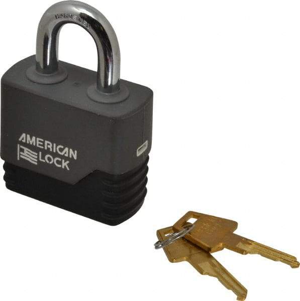 American Lock - 1-1/8" Shackle Clearance, Keyed Different Padlock with Weather Cover - 3/8" Shackle Diam, Brass - Caliber Tooling