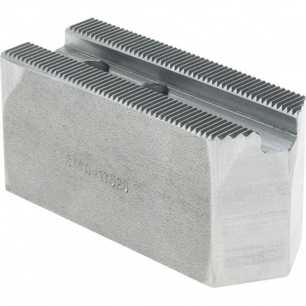 Atlas Workholding - 1.5mm x 60° Serrated Attachment, Square Soft Lathe Chuck Jaw - Steel, 0.787" Btw Mount Hole Ctrs, 3-1/8" Long x 1-1/4" Wide x 1-1/2" High, 0.475" Groove, M10mm Fastener - Caliber Tooling