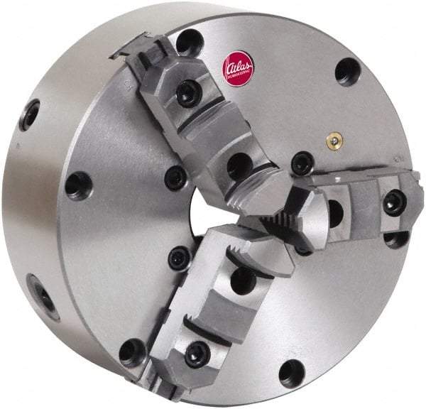 Atlas Workholding - 3 Jaws, 10" Diam, Self Centering Manual Lathe Chuck - Plain Back Mount Spindle, Adjustable, Reversible, 2,500 Max RPM, 2.86" Through Hole Diam, Cast Iron - Caliber Tooling