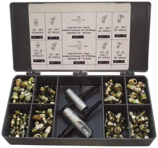 PRO-LUBE - 101 Piece, Inch, Box Plastic Steel Grease Fitting Set - Includes PTF, UNF Thread Types, Includes 1/4-28 SAE-LT: (22) Straight, (10) 45°, (10) 90°, 1/8-27 PTF: (22) Straight, (5) 30°, (10) 45°, (10) 65°, (10) 90° - Caliber Tooling