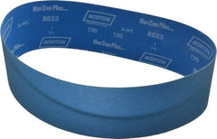 Norton - 4" Wide x 36" OAL, 120 Grit, Zirconia Alumina Abrasive Belt - Zirconia Alumina, Fine, Coated, X Weighted Cloth Backing, Series R823 - Caliber Tooling