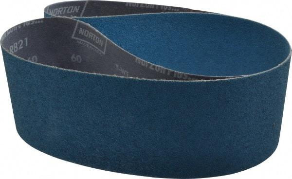 Norton - 4" Wide x 54" OAL, 60 Grit, Zirconia Alumina Abrasive Belt - Zirconia Alumina, Medium, Coated, Y Weighted Cloth Backing, Dry, Series R821 - Caliber Tooling