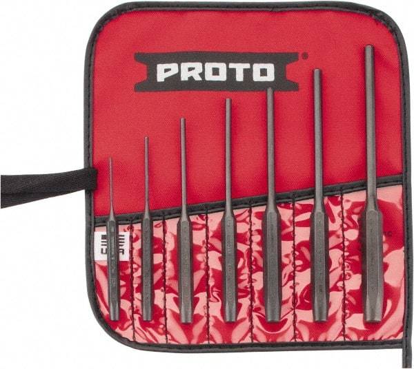 Proto - 7 Piece, 1/16 to 1/4", Pin Punch Set - Round Shank, Comes in Pouch - Caliber Tooling