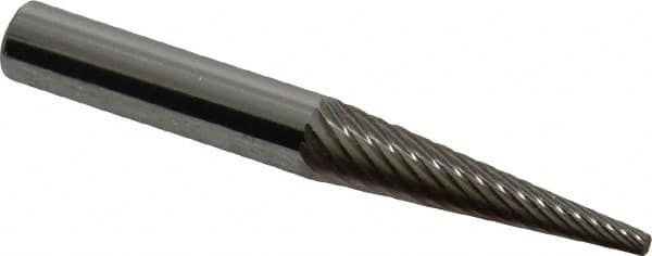 Atrax - 1/4" Cut Diam, 1/4" Shank Diam, Cone Head Single Cut Burr - Carbide, Point End, 1" LOC, 2" OAL - Caliber Tooling