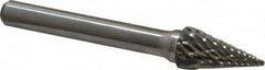 Atrax - 3/8" Cut Diam, 1/4" Shank Diam, Cone Head Double Cut Burr - Carbide, Point End, 5/8" LOC, 2-1/2" OAL - Caliber Tooling