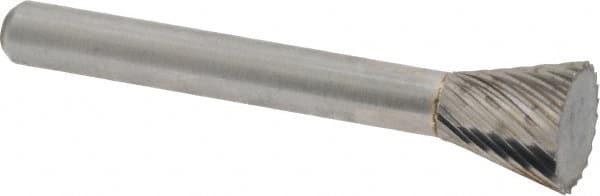 Atrax - 1/2" Cut Diam, 1/4" Shank Diam, Inverted Cone Head Single Cut Burr - Carbide, Flat End, 1/2" LOC, 2-1/4" OAL - Caliber Tooling