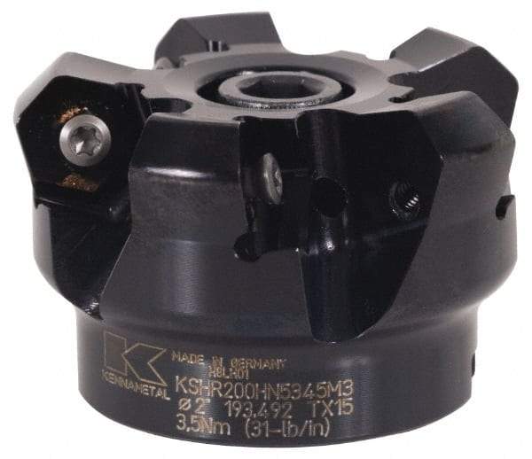 Kennametal - 63mm Cut Diam, 22mm Arbor Hole, 4.5mm Max Depth of Cut, 45° Indexable Chamfer & Angle Face Mill - 6 Inserts, HNGJ 0905 Insert, Right Hand Cut, 6 Flutes, Through Coolant, Series Mill 1-18 - Caliber Tooling