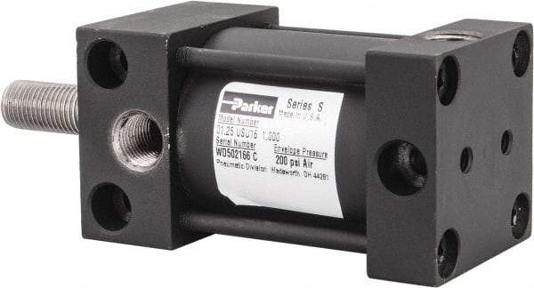 Parker - 1" Stroke x 1-1/4" Bore Double Acting Air Cylinder - 1/8 Port, 3/8-24 Rod Thread, 200 Max psi, -10 to 165°F - Caliber Tooling