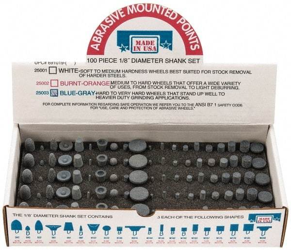 Made in USA - 100 Piece Aluminum Oxide Vitrified Mounted Stone Abrasive Point Set - Includes Shapes B42, B45, B52, B81, B91, B97, B102, B122, B136, W144, W146, W152, W160, W163, W167, W175, W176, W185, W200 & W215 - Caliber Tooling