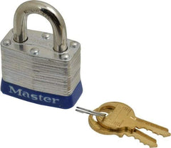 Master Lock - Keyed Alike Retaining Key Conductive Lockout Padlock - 3/4" Shackle Clearance, 9/32" Shackle Diam, 1-1/4" Body Height x 1-9/16" Body Width, Blue, 4 Pins - Caliber Tooling