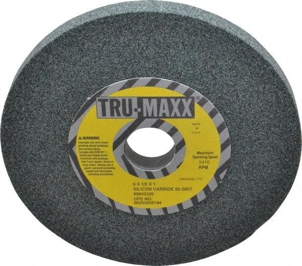 Tru-Maxx - 60 Grit Silicon Carbide Bench & Pedestal Grinding Wheel - 6" Diam x 1" Hole x 1/2" Thick, 5410 Max RPM, K Hardness, Medium Grade , Vitrified Bond - Caliber Tooling