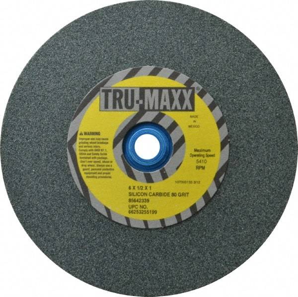 Tru-Maxx - 80 Grit Silicon Carbide Bench & Pedestal Grinding Wheel - 6" Diam x 1" Hole x 1/2" Thick, 5410 Max RPM, K Hardness, Medium Grade , Vitrified Bond - Caliber Tooling