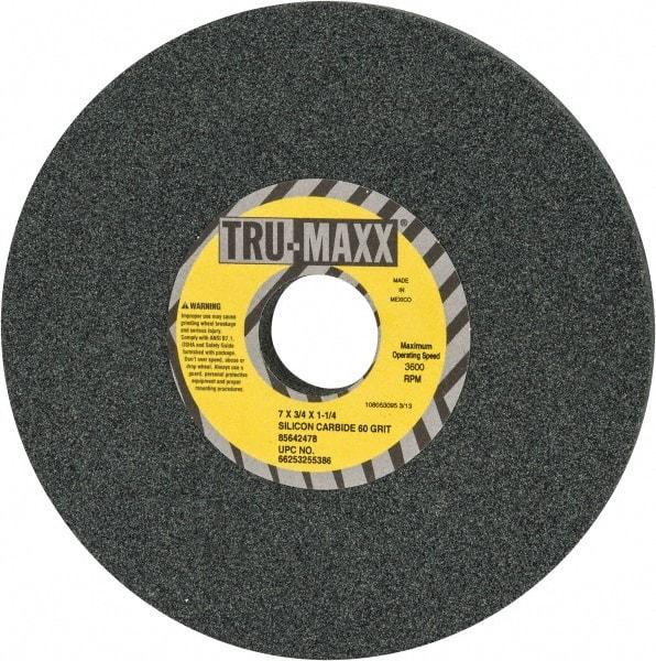 Tru-Maxx - 60 Grit Silicon Carbide Bench & Pedestal Grinding Wheel - 7" Diam x 1-1/4" Hole x 3/4" Thick, 3600 Max RPM, K Hardness, Medium Grade , Vitrified Bond - Caliber Tooling