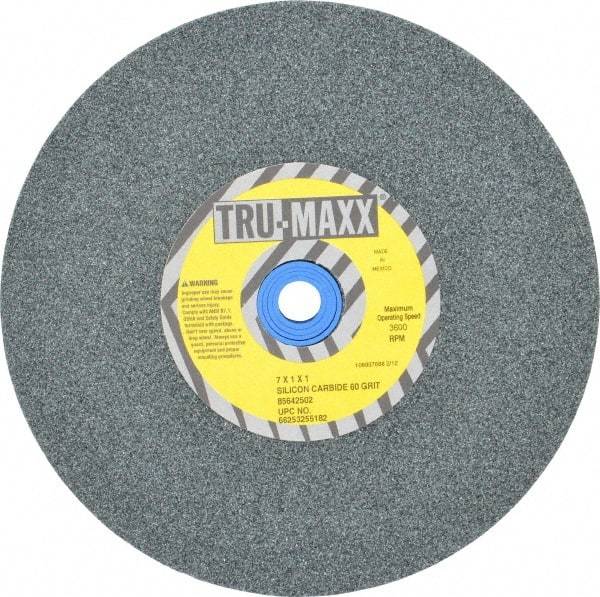 Tru-Maxx - 60 Grit Silicon Carbide Bench & Pedestal Grinding Wheel - 7" Diam x 1" Hole x 1" Thick, 3600 Max RPM, K Hardness, Medium Grade , Vitrified Bond - Caliber Tooling