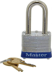 Master Lock - Keyed Alike Retaining Key Conductive Lockout Padlock - 1-1/2" Shackle Clearance, 9/32" Shackle Diam, 1-1/4" Body Height x 1-9/16" Body Width, Blue, 4 Pins - Caliber Tooling