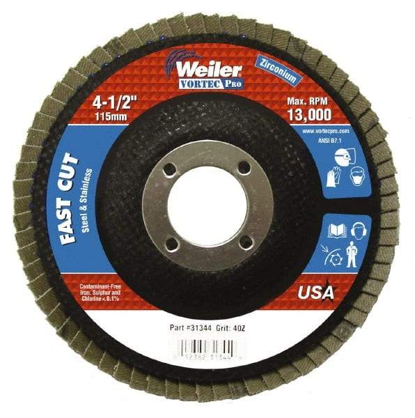 Weiler - 40 Grit, 4-1/2" Disc Diam, 7/8" Center Hole, Type 29 Zirconia Alumina Flap Disc - 13,000 Max RPM, Phenolic Backing, Arbor Attaching System, Coated - Caliber Tooling