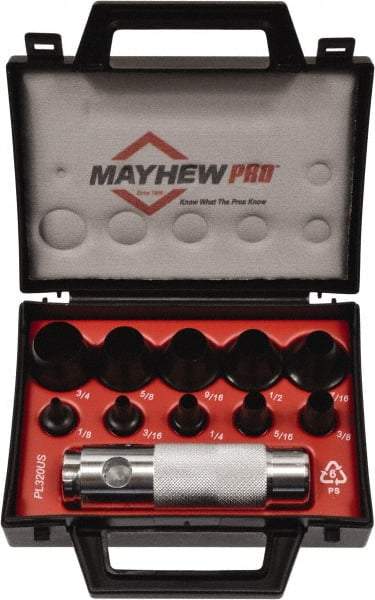 Mayhew - 11 Piece, 1/8 to 3/4", Hollow Punch Set - Round Shank, Alloy Steel, Comes in Plastic Case - Caliber Tooling