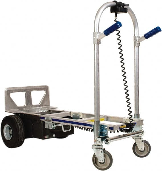 Wesco Industrial Products - 1,200 Lb Capacity 51-3/4" OAH Battery Powered Convertible Hand Truck - 18 x 7-1/2" Base Plate, Dual Grip/Loop Handle, Aluminum, Full Pneumatic Wheels - Caliber Tooling