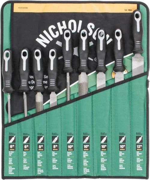 Nicholson - 9 Piece American Pattern File Set - 6", 8", 10", 12" Long, Bastard Coarseness, Set Includes Flat, Half Round, Mill, Round, Slim Taper - Caliber Tooling