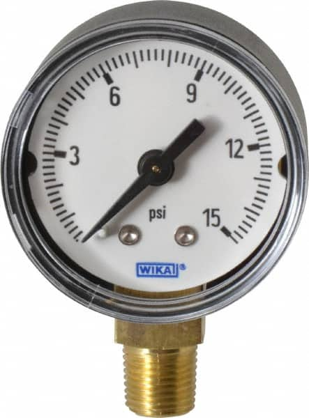 Wika - 1-1/2" Dial, 1/8 Thread, 0-15 Scale Range, Pressure Gauge - Lower Connection Mount, Accurate to 3-2-3% of Scale - Caliber Tooling