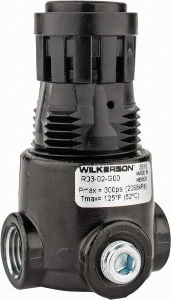 Wilkerson - 1/4 NPT Port, 15 CFM, Zinc Miniature Regulator - 2 to 125 psi Range, 300 Max psi Supply Pressure, 1/8" Gauge Port Thread, 1.65" Wide x 2.88" High - Caliber Tooling