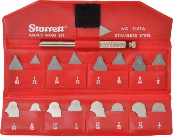 Starrett - 17 Piece, 1/64 to 17/64 Inch Radius, Stainless Steel Radius Gage Set - Satin Chrome Coated - Caliber Tooling