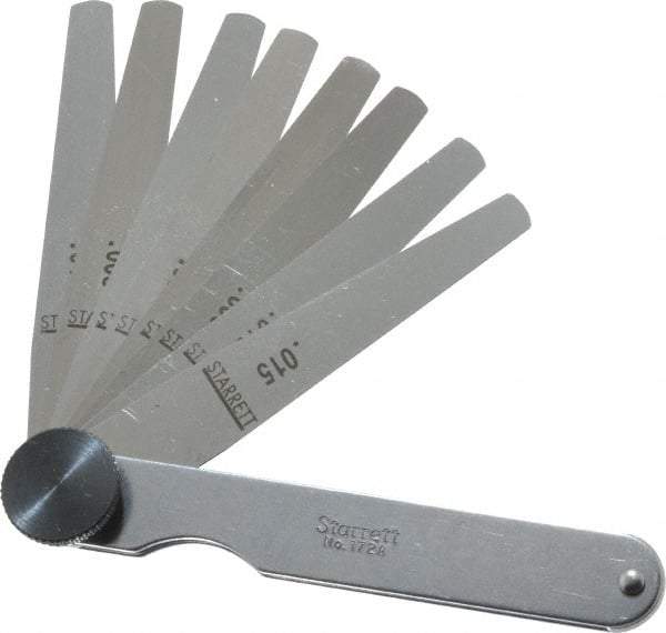 Starrett - 9 Piece, 0.0015 to 0.015" Thick, Tapered Feeler Gage Set - 3-1/32" Leaf Length, 1/4 to 1/2" (Tapered) Wide, Tempered Steel - Caliber Tooling