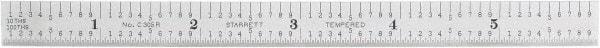 Starrett - 6" Long, 1/100, 1/64, 1/32, 1/10" Graduation, Flexible Steel Rule - 5R Graduation Style, 1/2" Wide, Silver, Satin Chrome Finish - Caliber Tooling