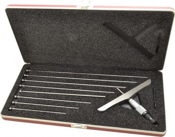 Starrett - 0 to 9" Range, 9 Rod, Satin Chrome Finish Mechanical Depth Micrometer - Ratchet Stop Thimble, 6" Base Length, 0.01mm Graduation, 5/32" Rod Diam - Caliber Tooling