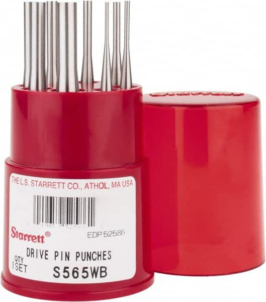 Starrett - 8 Piece, 1/16 to 5/16", Pin Punch Set - Round Shank, Comes in Round Container - Caliber Tooling