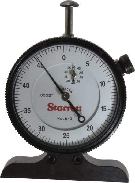 Starrett - 0 to 1/2 Inch Range, White Dial Depth Gage - 0.0005 Inch Graduation, 2-1/2 Inch Base Measuring Length - Caliber Tooling